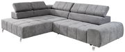 Graues Ecksofa mit Ottomane links, moderne Polsterung und verstellbaren Kopfstützen, Perspektive von vorne links.