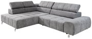 Graues Ecksofa mit Ottomane links, moderne Polsterung und verstellbaren Kopfstützen, Perspektive von vorne links.