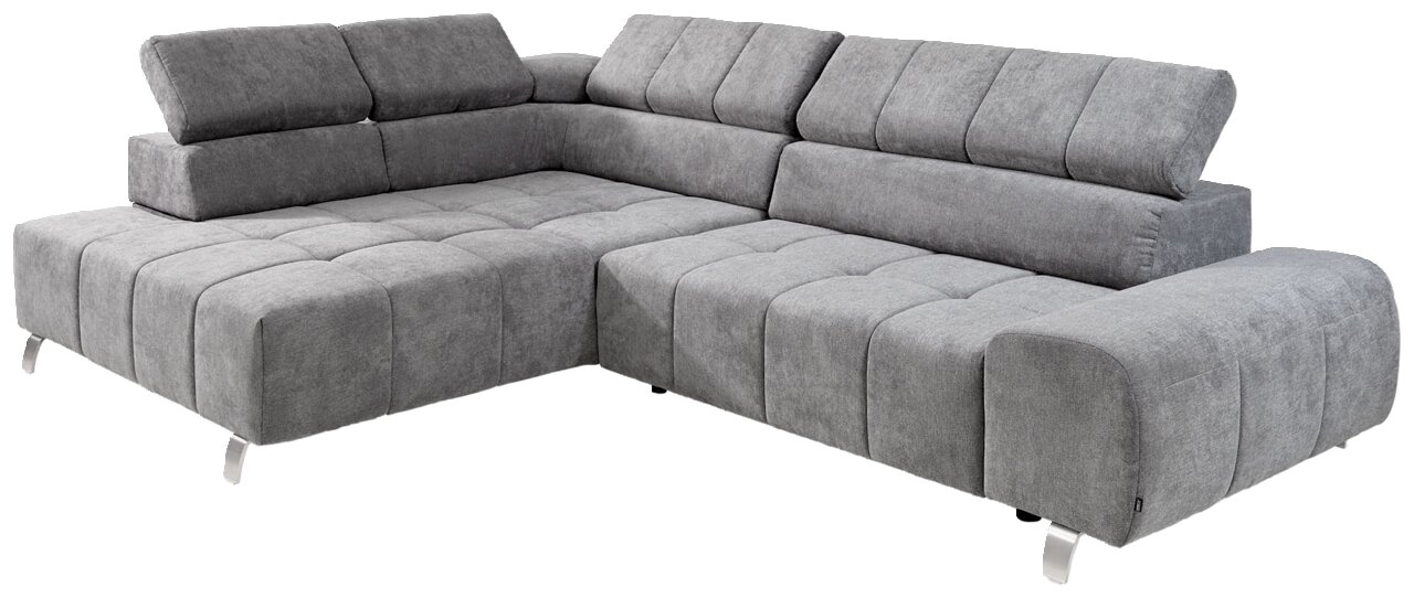 Graues Ecksofa mit Ottomane links, moderne Polsterung und verstellbaren Kopfstützen, Perspektive von vorne links.