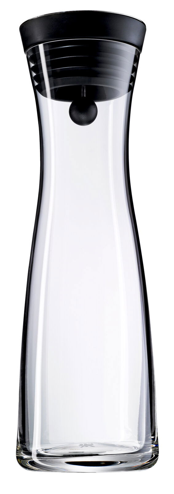 Transparente Wasserkaraffe BASIC 1L mit schwarzem Deckel, frontal abgebildet.