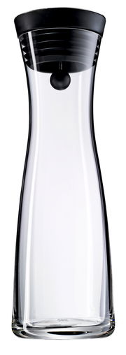 Transparente Wasserkaraffe BASIC 1L mit schwarzem Deckel, frontal abgebildet.