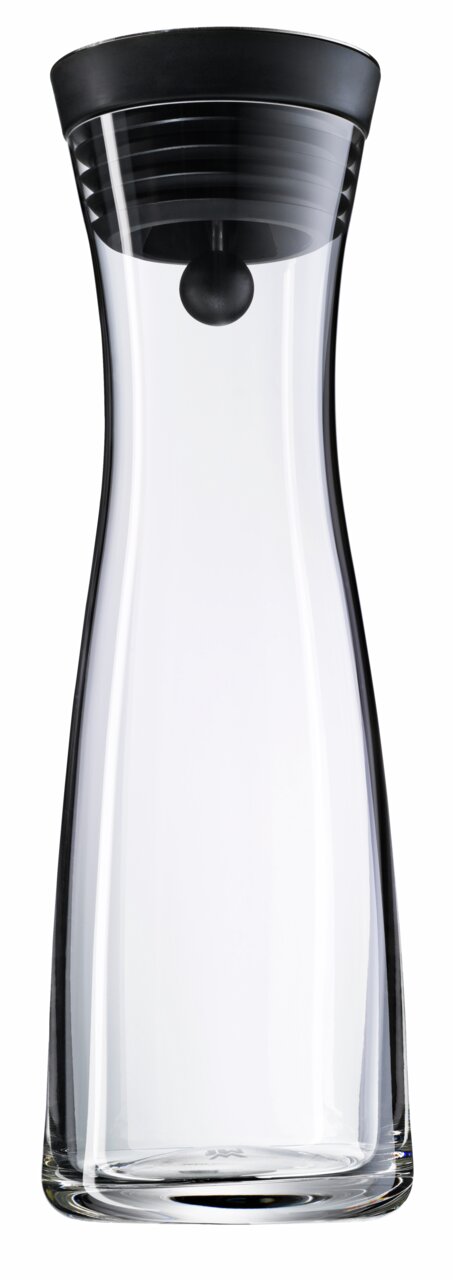 Transparente Wasserkaraffe BASIC 1L mit schwarzem Deckel, frontal abgebildet.