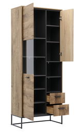 Holzschrank mit offenen Türen und Schubladen, seitliche Perspektive