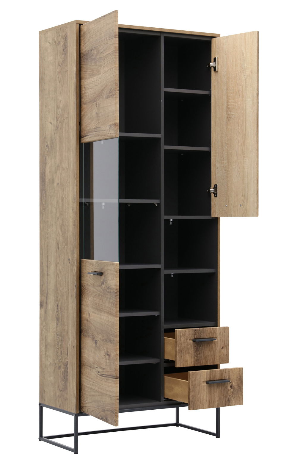 Holzschrank mit offenen Türen und Schubladen, seitliche Perspektive