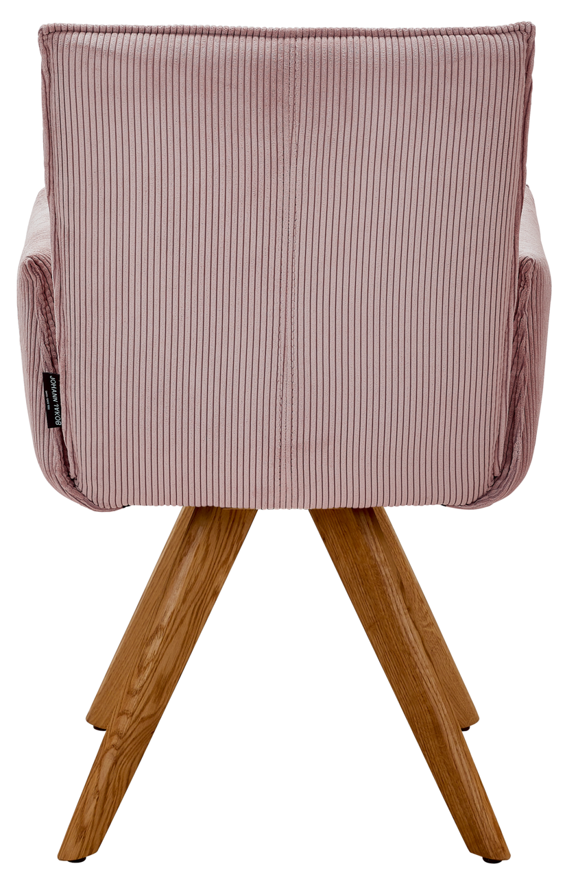 Johann Jakob Armlehnstuhl CALAS Rückansicht eines Armlehnstuhls mit rosa Stoffbezug und Holzbeinen