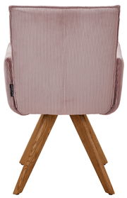 Rückansicht eines Armlehnstuhls mit rosa Stoffbezug und Holzbeinen