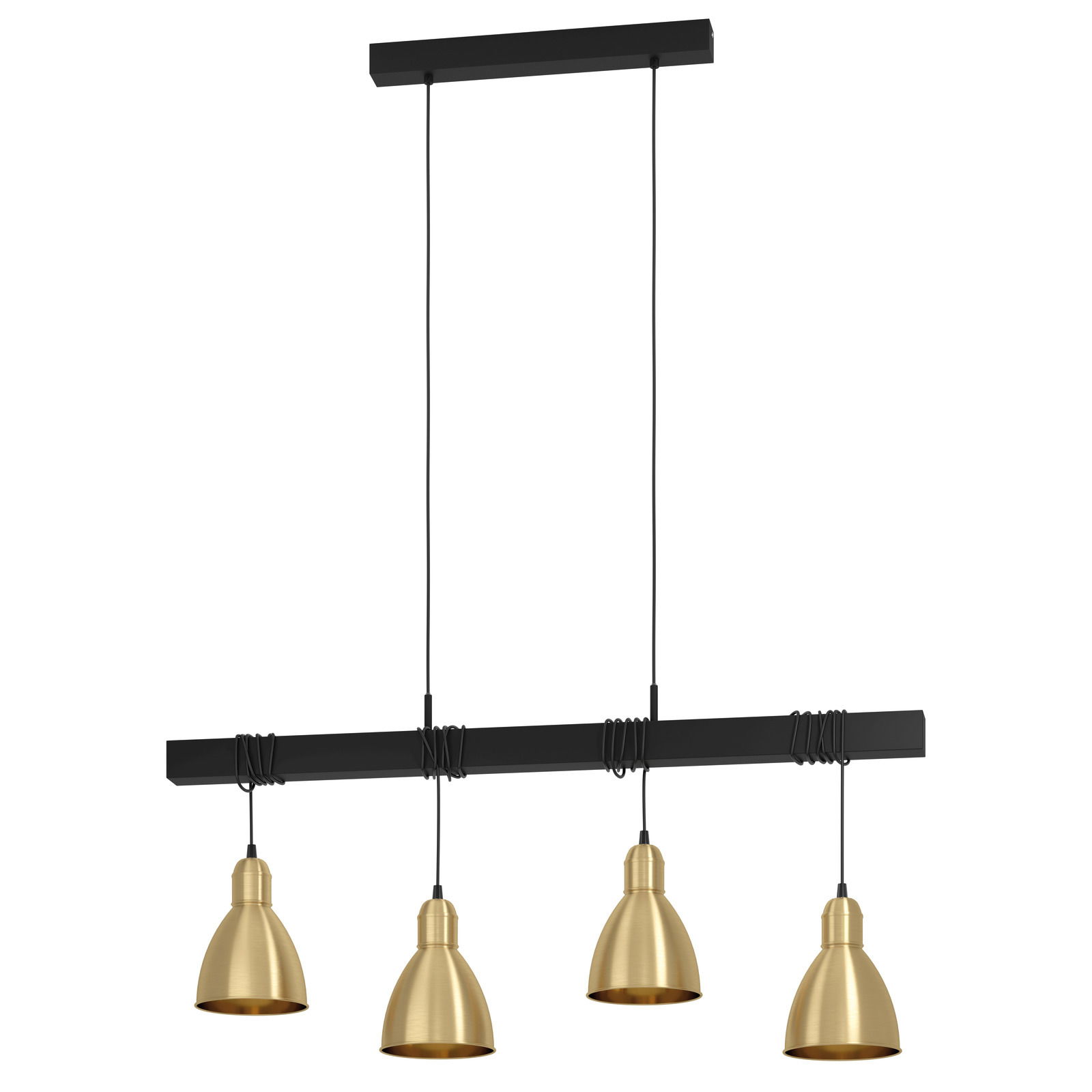 Hängeleuchte Golden Eye mit vier goldenen Lampenschirmen, seitliche Perspektive