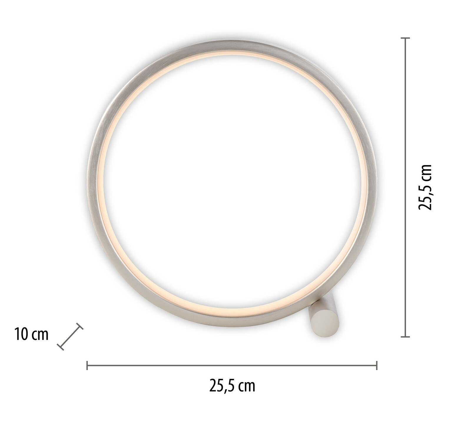 Runde Tischleuchte MINI RITUS in Seitenansicht mit einem Durchmesser von 25,5 cm und einer Höhe von 10 cm.