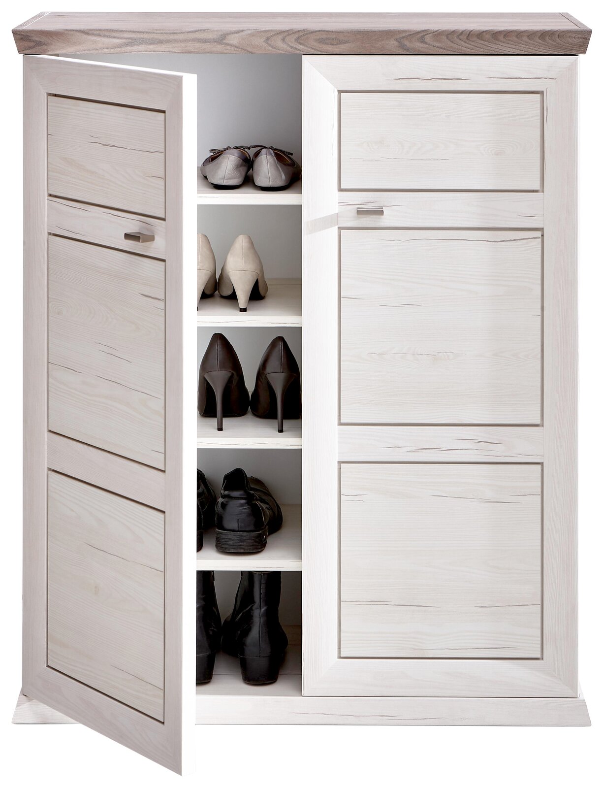 Schuhschrank aus der Serie Camron/Benton mit geöffneter Tür, zeigt mehrere Paar Schuhe auf Regalböden, Perspektive von vorne.