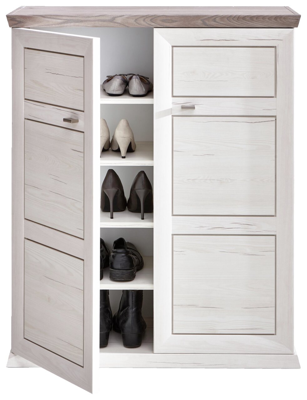 Schuhschrank aus der Serie Camron/Benton mit geöffneter Tür, zeigt mehrere Paar Schuhe auf Regalböden, Perspektive von vorne.