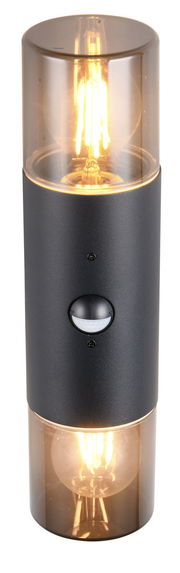 Moderne Wandleuchte HOOSIC mit zylindrischem Design, schwarzem Gehäuse und transparenten Enden, frontal abgebildet.