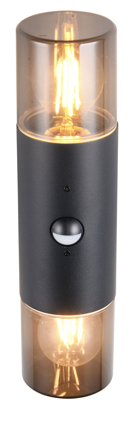 Moderne Wandleuchte HOOSIC mit zylindrischem Design, schwarzem Gehäuse und transparenten Enden, frontal abgebildet.