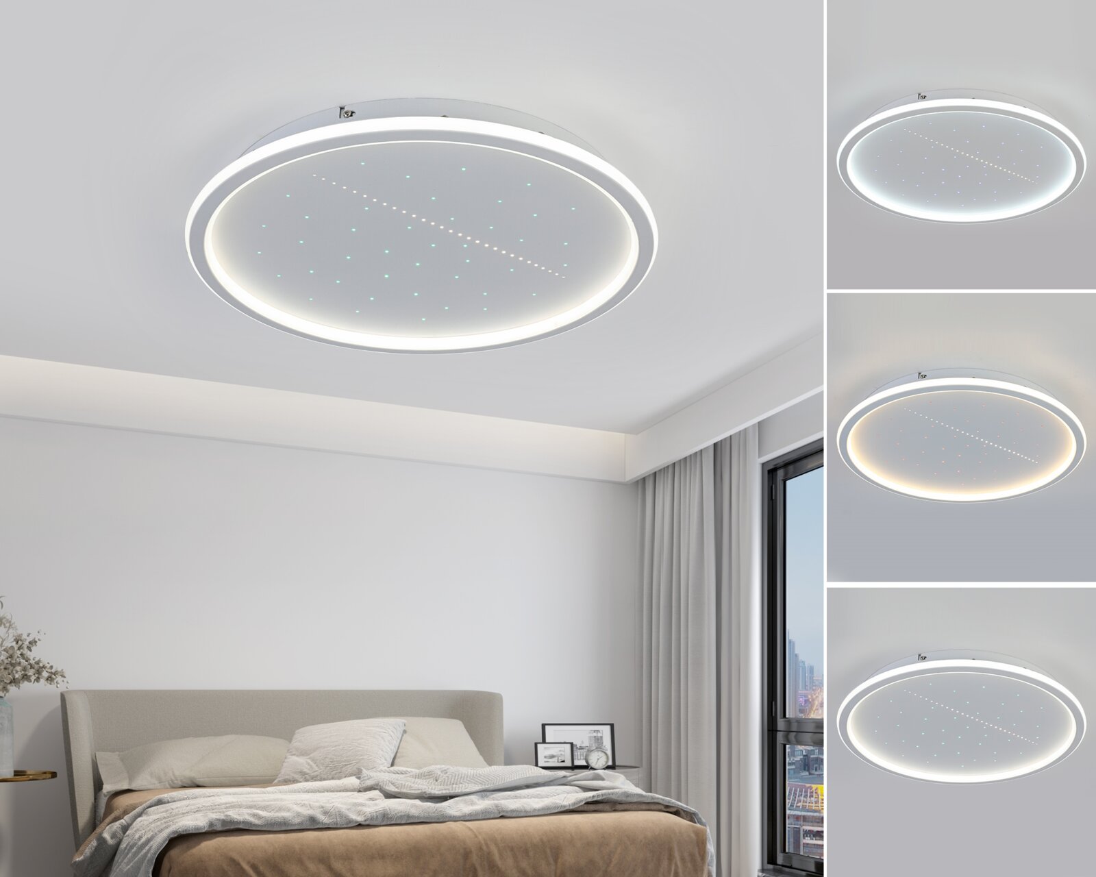Novel LED-plafondlamp DECKENLEUCHTE Moderne led-plafondlamp in een slaapkamer, gezien van onderaf, met zacht licht en een stijlvol ontwerp.