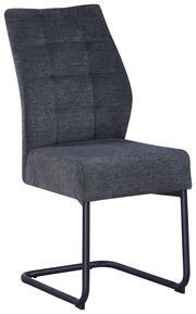 Moderner Schwingstuhl mit grauem Stoffbezug und schwarzem Metallgestell, seitliche Perspektive