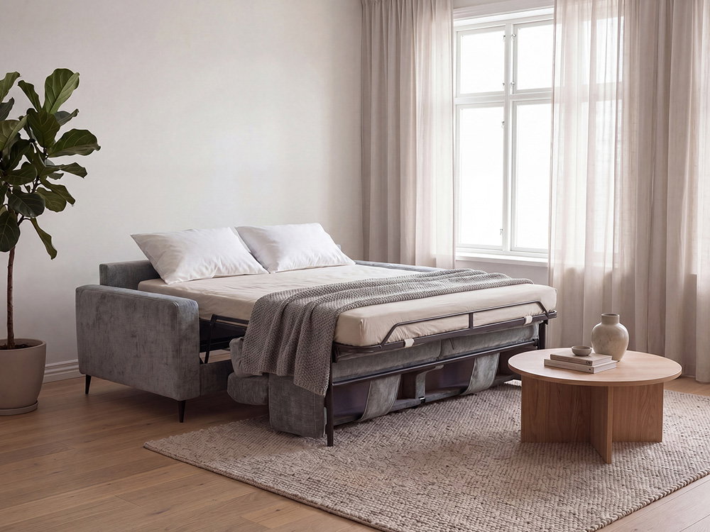 Grijze slaapbank als tweepersoonsbed met beddengoed in een lichte, moderne woonkamer.