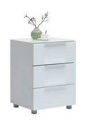 Weiße Nachtkonsole mit drei Schubladen, dekoriert mit einer grünen Vase und einer Tasse, seitliche Perspektive