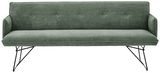 Grüne 2-Sitzer-Solobank mit geripptem Stoffbezug und schwarzen Metallbeinen, Frontalansicht.