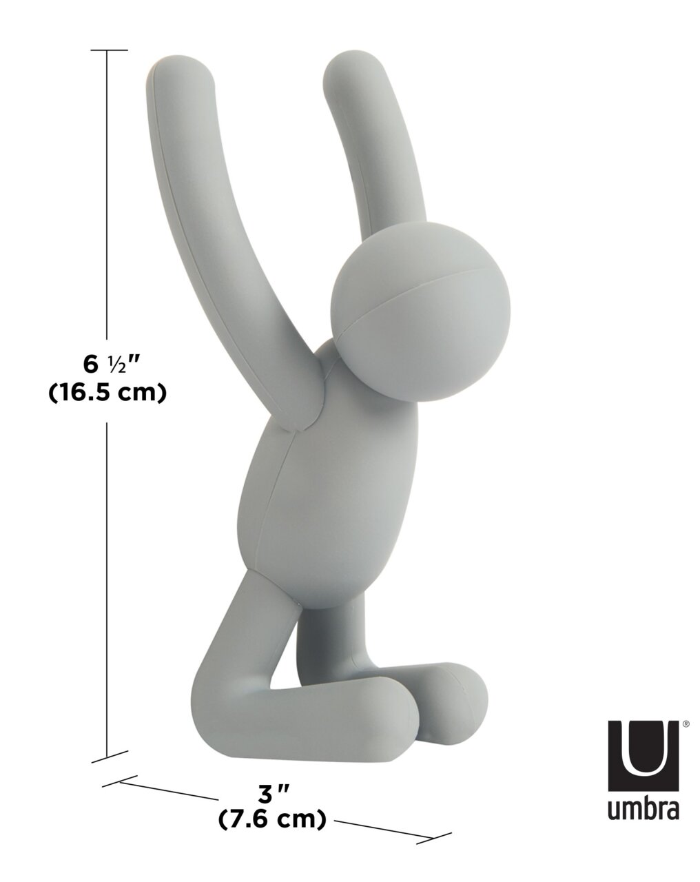 Grauer Wandhaken in Form einer stilisierten Figur, die auf den Knien sitzt und die Arme nach oben streckt, Seitenansicht.