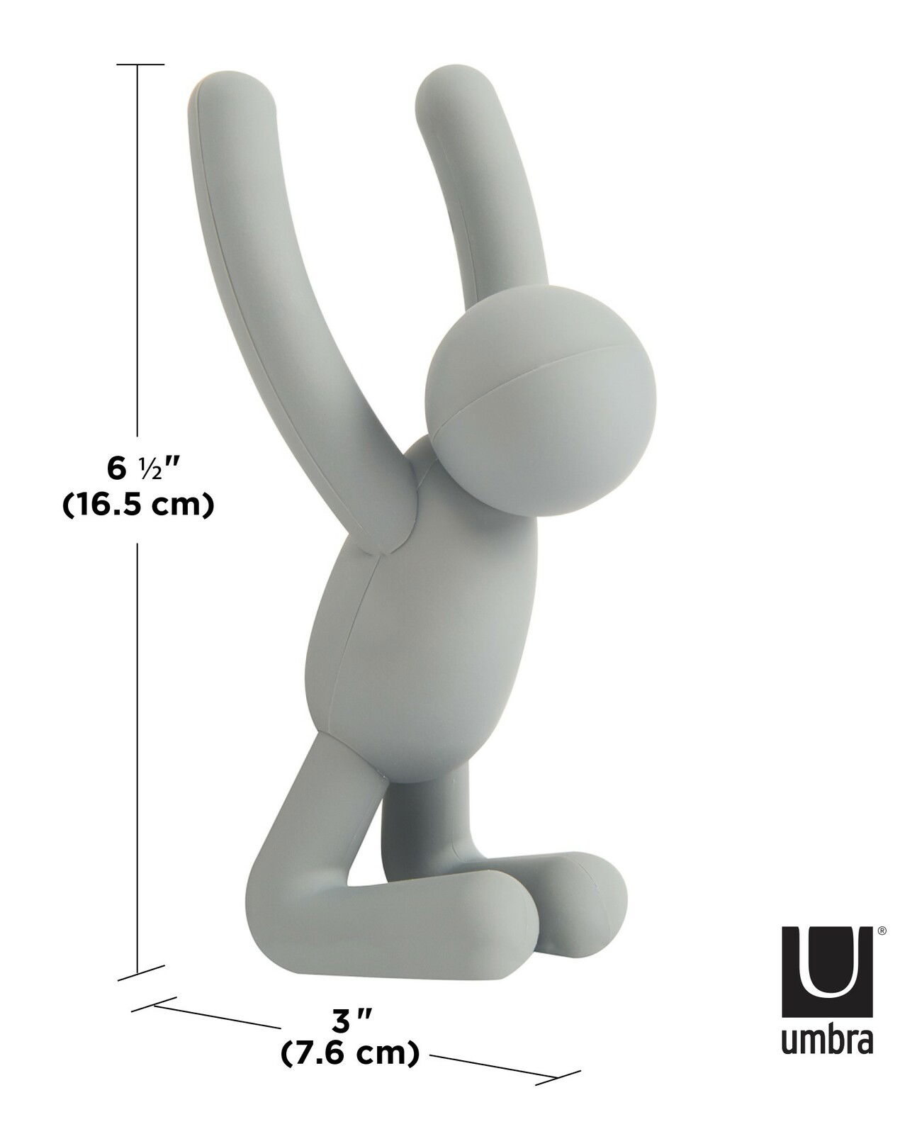 Grauer Wandhaken in Form einer stilisierten Figur, die auf den Knien sitzt und die Arme nach oben streckt, Seitenansicht.