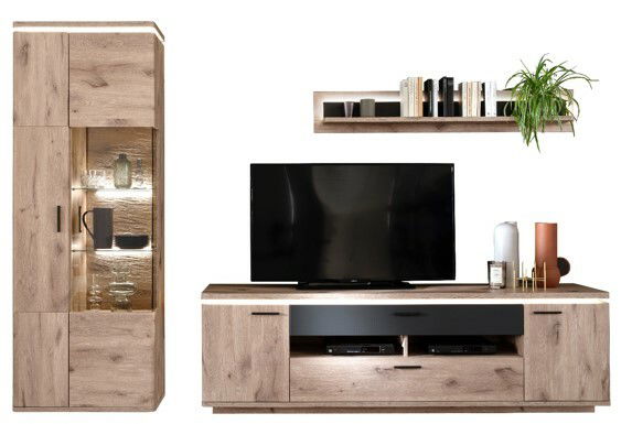 Zurbrüggen Wandkombination mit Beleuchtung MODENA Wandkombination aus Holz mit TV-Schrank, Vitrine und Wandregal, frontal betrachtet.