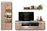 Wandkombination aus Holz mit TV-Schrank, Vitrine und Wandregal, frontal betrachtet.