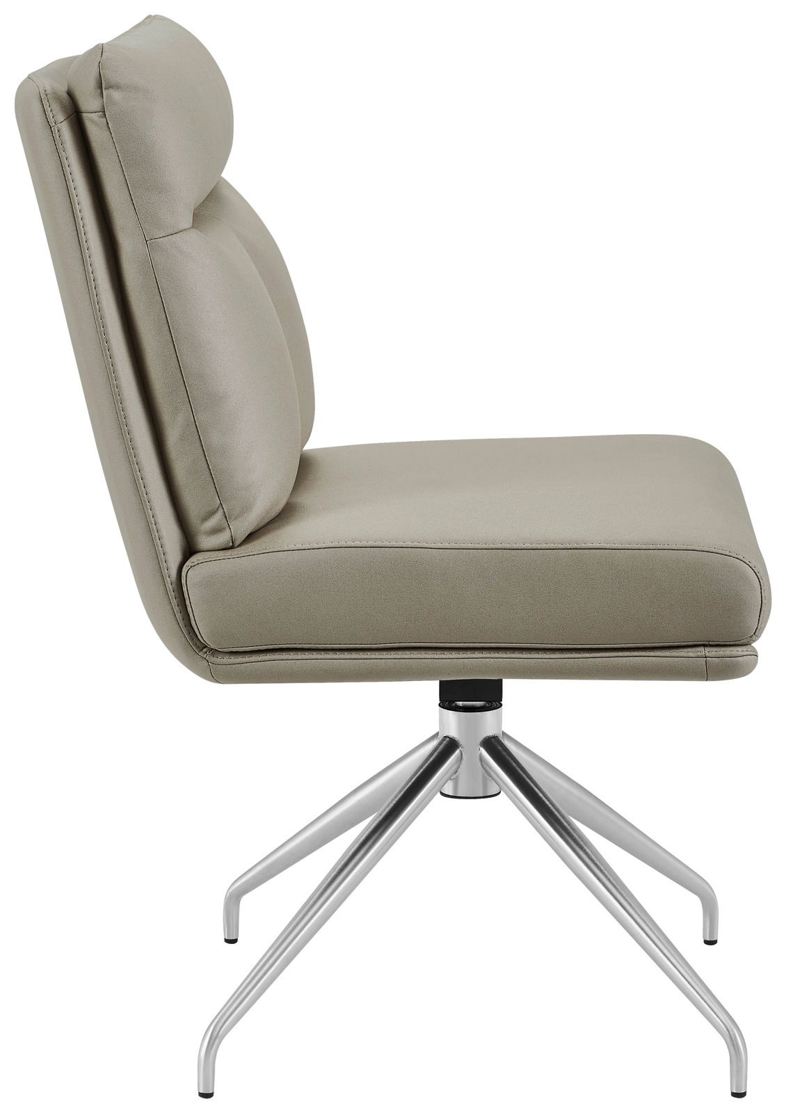 Moderner Stuhl mit gepolsterter Sitzfläche und Rückenlehne, seitliche Ansicht, auf einem drehbaren Metallgestell.