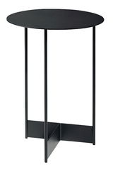Runder schwarzer Beistelltisch mit schlanken Beinen, seitliche Perspektive