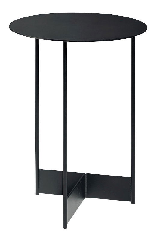 Runder schwarzer Beistelltisch mit schlanken Beinen, seitliche Perspektive