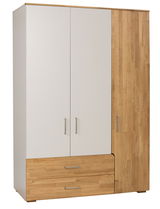 Moderner Kleiderschrank mit zwei weißen Türen und einer Holztür, zwei Schubladen unten, aus frontaler Perspektive.