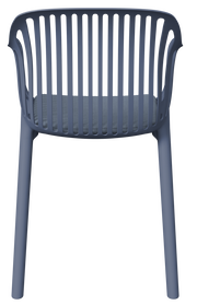 Rückansicht eines blauen Stapelsessels mit vertikalen Streben und gepolstertem Sitzkissen.