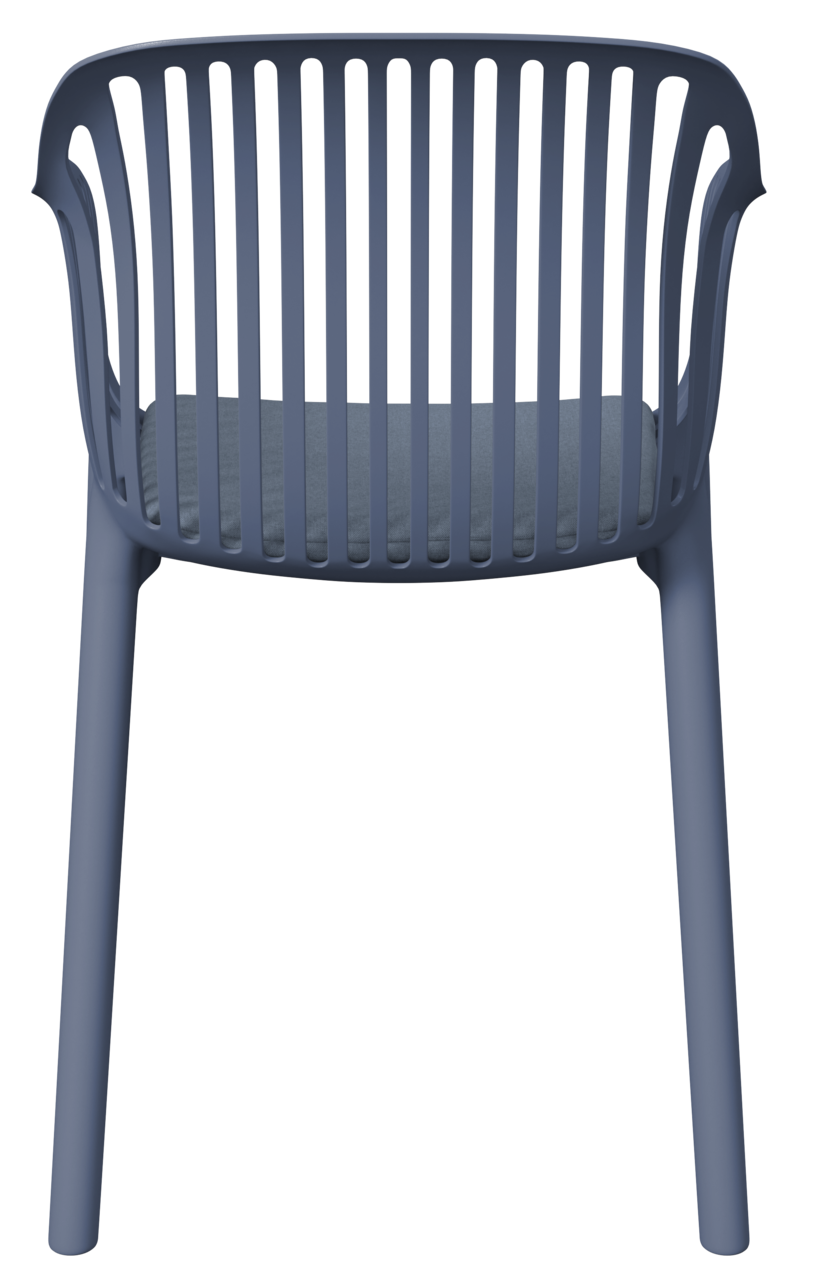 Rückansicht eines blauen Stapelsessels mit vertikalen Streben und gepolstertem Sitzkissen.