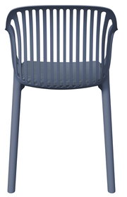 Rückansicht eines blauen Stapelsessels mit vertikalen Streben und gepolstertem Sitzkissen.