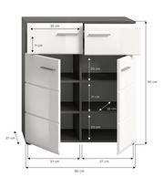 Schuhkommode mit zwei Schubladen und vier Fächern, Frontansicht