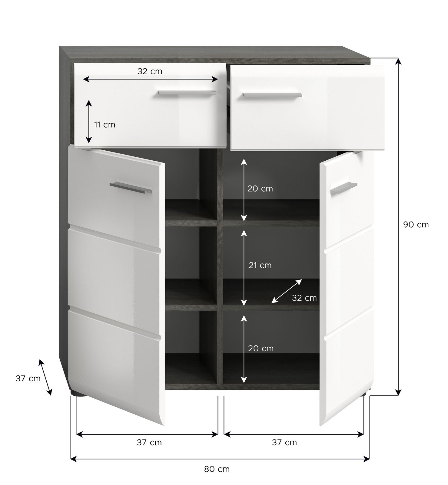 Schuhkommode mit zwei Schubladen und vier Fächern, Frontansicht