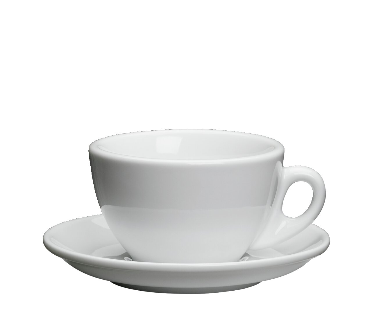 Weiße Cappuccinotasse ROMA mit Untertasse, seitliche Perspektive