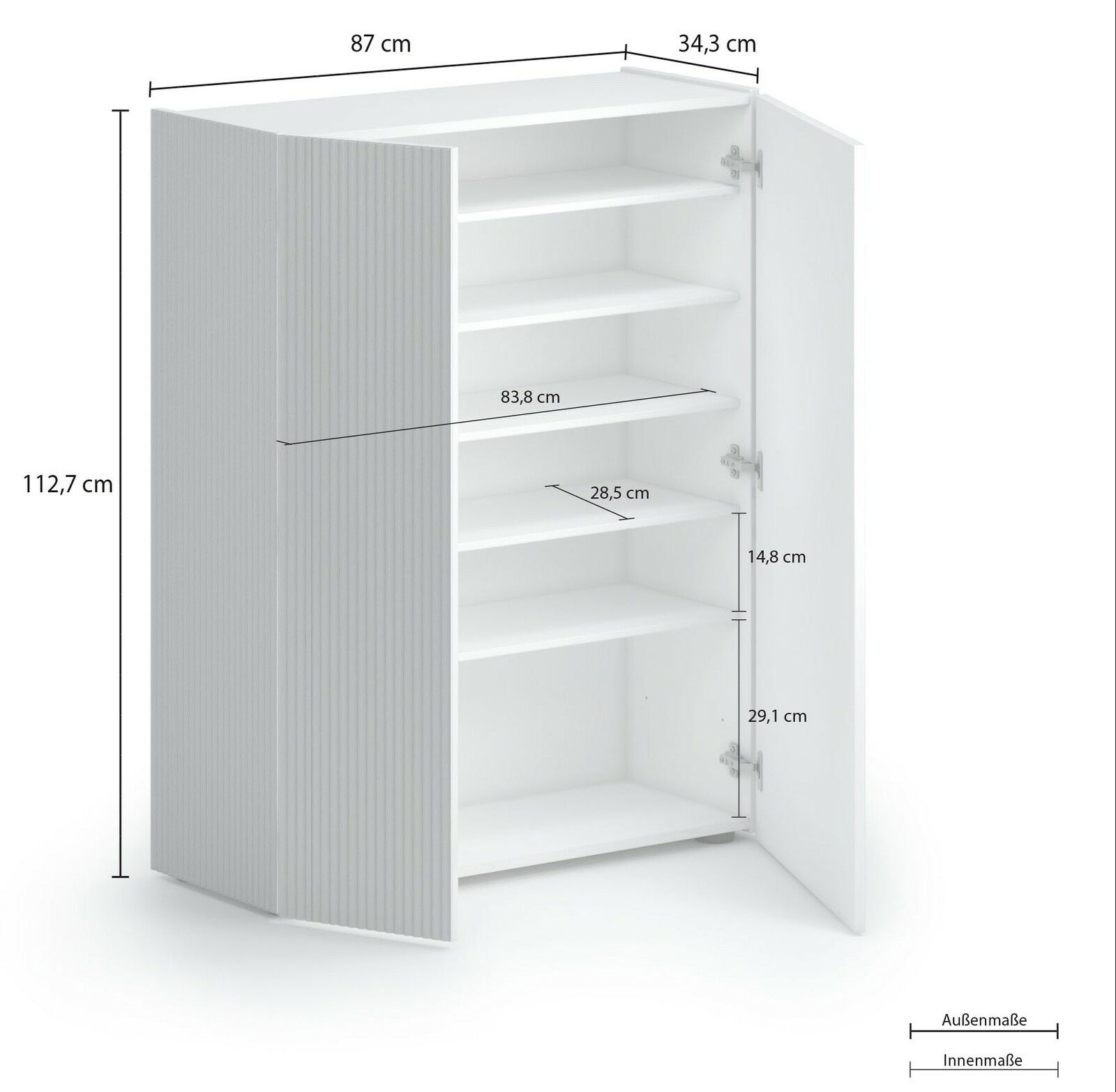 Weißer Schuhschrank Voleo TANKO mit offenen Türen, seitliche Perspektive, zeigt mehrere Regalböden und Maße.