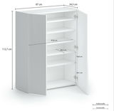 Weißer Schuhschrank Voleo TANKO mit offenen Türen, seitliche Perspektive, zeigt mehrere Regalböden und Maße.