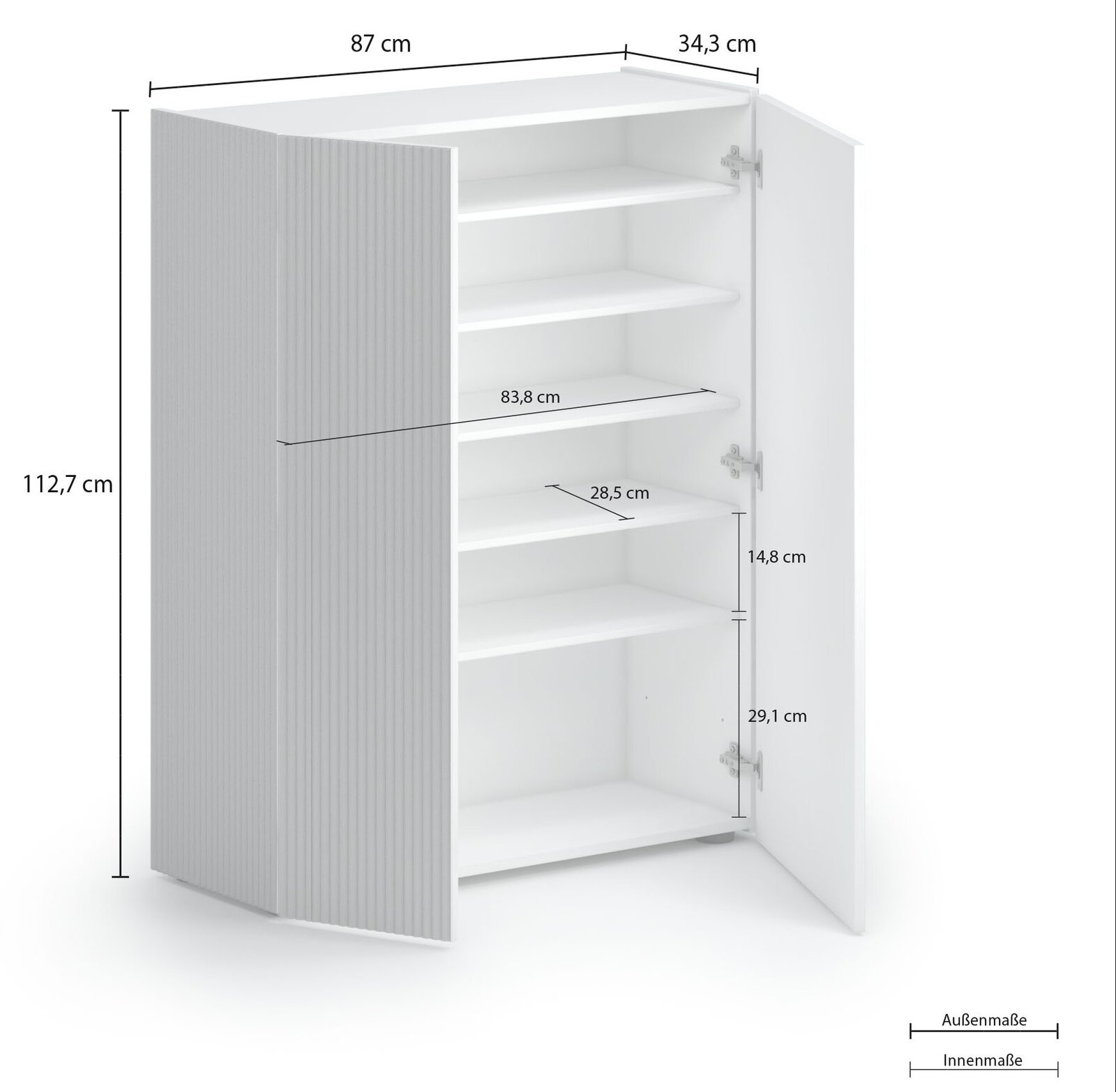 Weißer Schuhschrank Voleo TANKO mit offenen Türen, seitliche Perspektive, zeigt mehrere Regalböden und Maße.