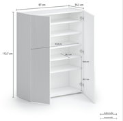 Weißer Schuhschrank Voleo TANKO mit offenen Türen, seitliche Perspektive, zeigt mehrere Regalböden und Maße.