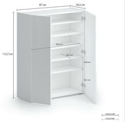 Weißer Schuhschrank Voleo TANKO mit offenen Türen, seitliche Perspektive, zeigt mehrere Regalböden und Maße.