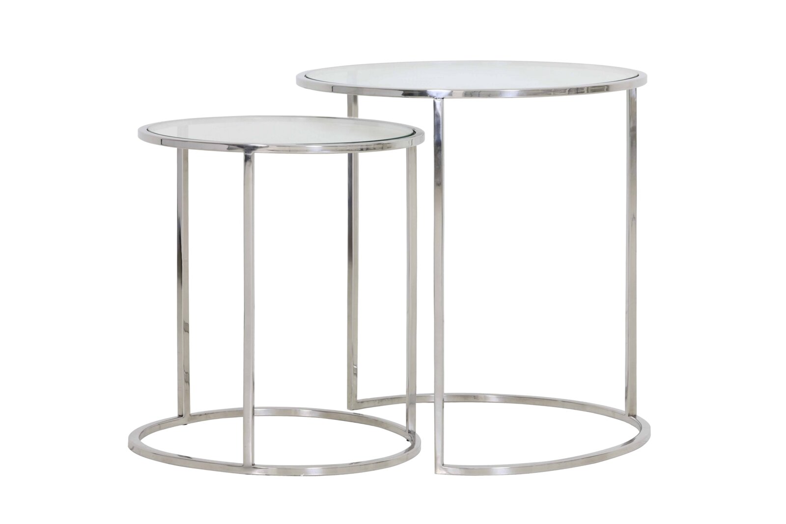 Zwei runde Beistelltische aus Metall mit Glasplatte, in verschiedenen Höhen, seitliche Perspektive.