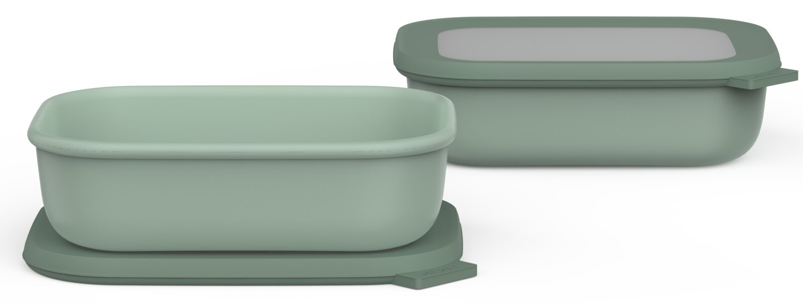Zweiteiliges Cirqula-Set in rechteckiger Form, bestehend aus zwei grünen Aufbewahrungsboxen mit Deckeln, in seitlicher Perspektive.