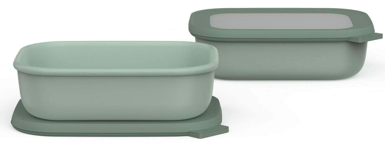 Zweiteiliges Cirqula-Set in rechteckiger Form, bestehend aus zwei grünen Aufbewahrungsboxen mit Deckeln, in seitlicher Perspektive.
