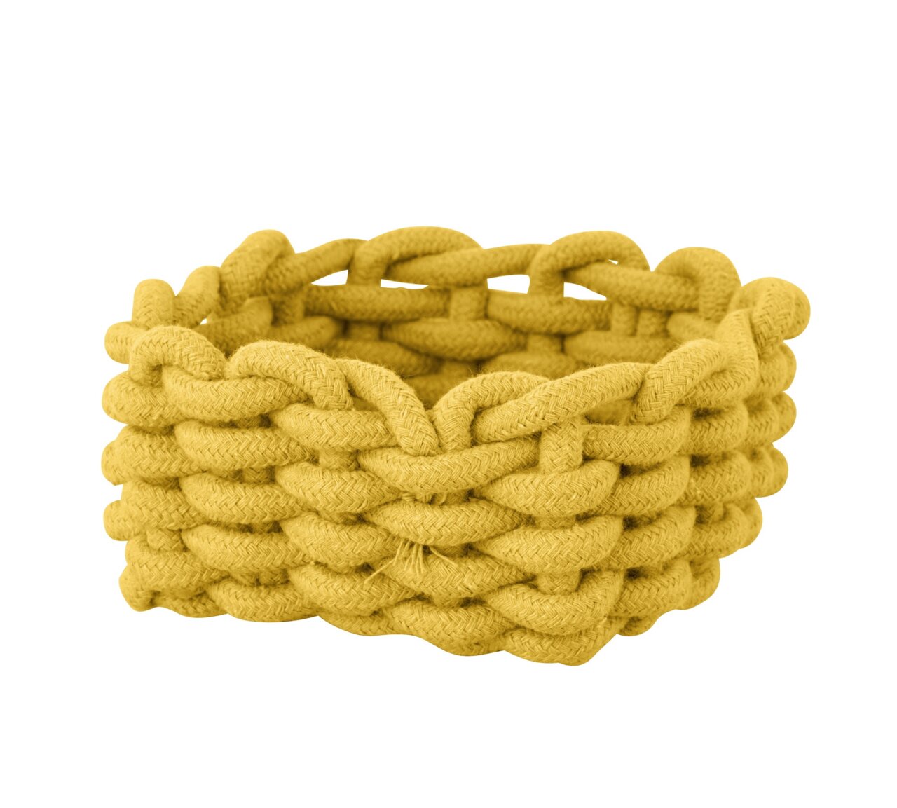 Geflochtener Badkorb in Senfgelb aus dicker Kordel, seitliche Perspektive