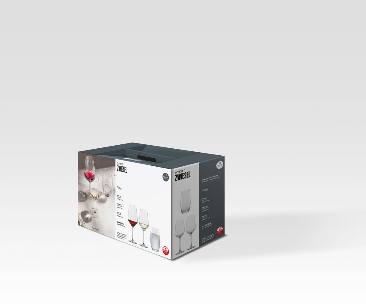 Verpackung des 12-teiligen Glasset Tulip von Schott Zwiesel, seitliche Perspektive