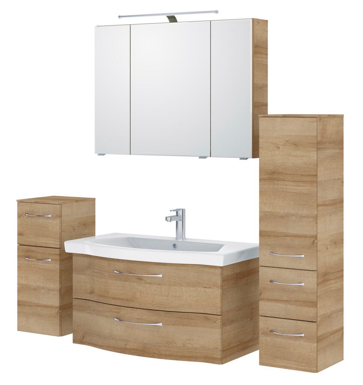 Pelipal Badblock SERIE 6005 SPRINT Badezimmermöbel-Set in Holzoptik mit Waschbeckenunterschrank, Spiegelschrank und Hochschrank, frontale Ansicht