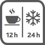 Symbolbild mit einer Tasse und einer Schneeflocke, das die Isolierleistung der Isolierkanne SAMBA hellgrün zeigt: 12 Stunden heiß, 24 Stunden kalt. Frontalansicht.