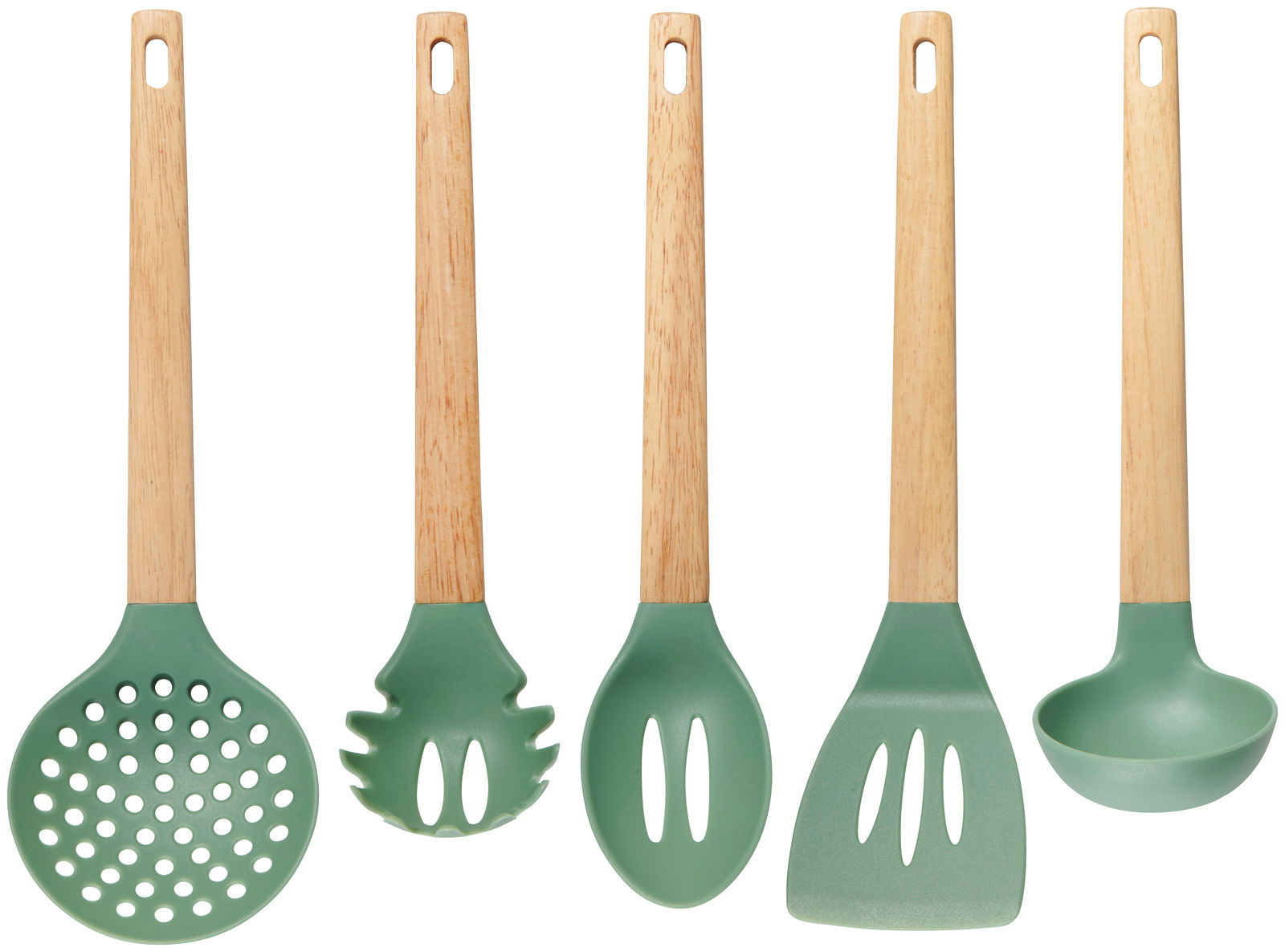 Fünfteilige Küchenhelferset mit grünen Silikonköpfen und Holzgriffen, frontal abgebildet.