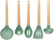 Fünfteilige Küchenhelferset mit grünen Silikonköpfen und Holzgriffen, frontal abgebildet.