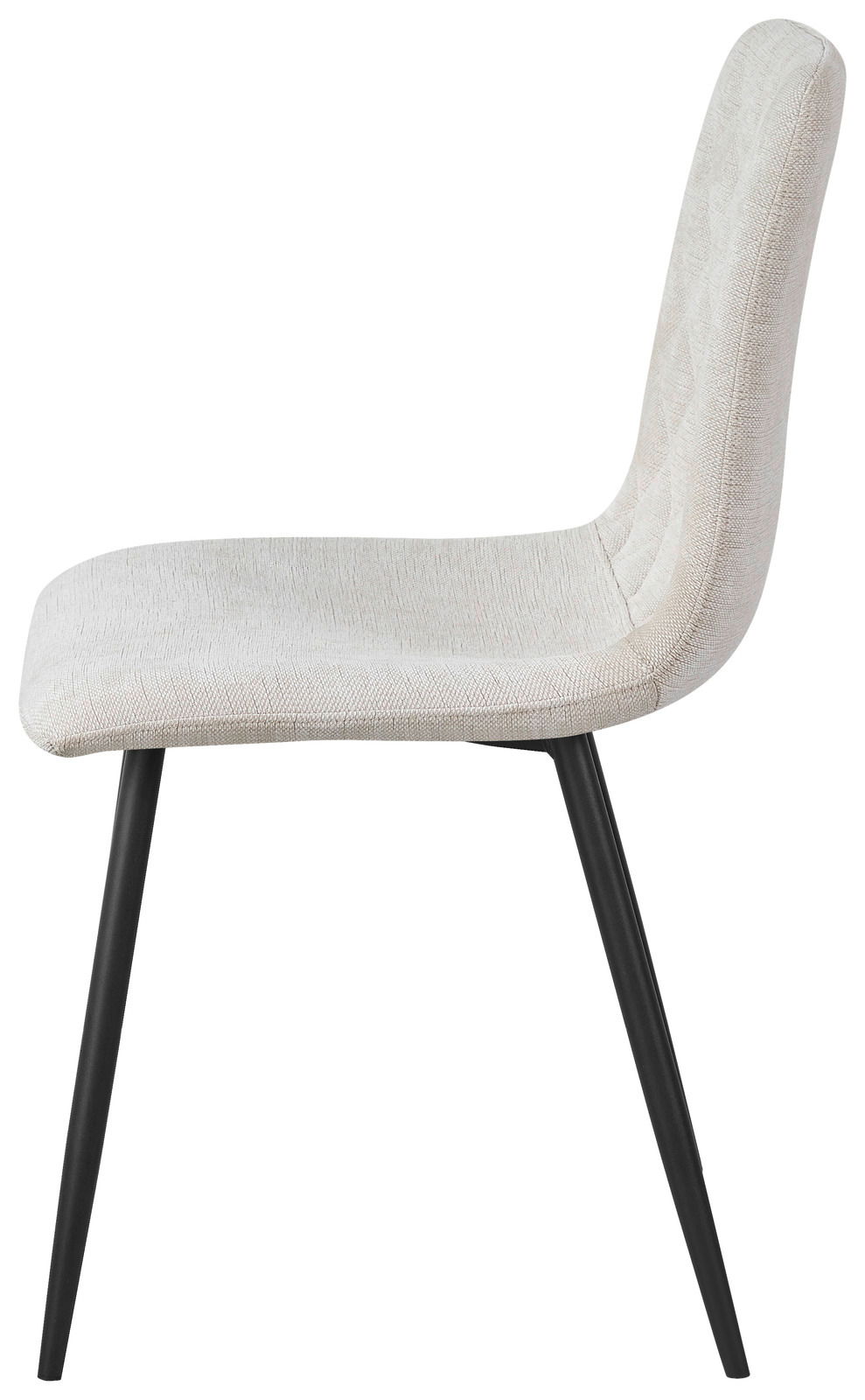 Moderner Stuhl mit hellgrauem Stoffbezug und schwarzen Metallbeinen, Seitenansicht